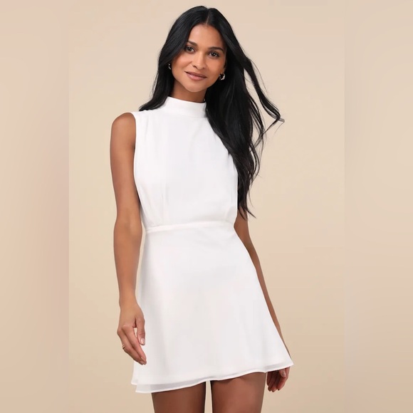 Lulus Dresses & Skirts - New Lulus Classic Elegance White Chiffon Sleeveless Mock Neck Mini Dress Size S